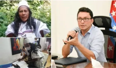 Danilo Villafañe y  Zarwawico Torres, del pueblo Arhuaco; en la otra foto el Gobernador del Magdalena, Carlos Caicedo.