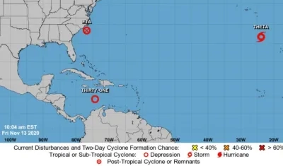 El círculo rojo es donde se halla la depresión tropical en el Mar Caribe. 
