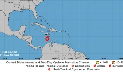 Punto en donde se halla la tormenta tropical Iota. 