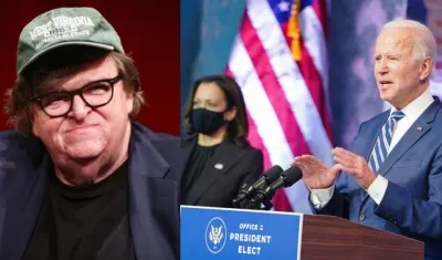 Michael Moore, Kamala Harris y Joe Biden.