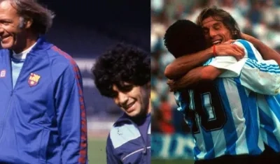 César Luis Menotti y Claudio Caniggia con Diego Maradona.