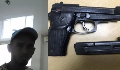 Larry Jair Galvis Orozco durante la audiencia virtual y el arma que le hallaron cuando fue capturado. 