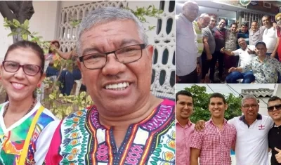 Jairo Soto Hernández y su esposa, e hijos. En otra foto con varios amigos.