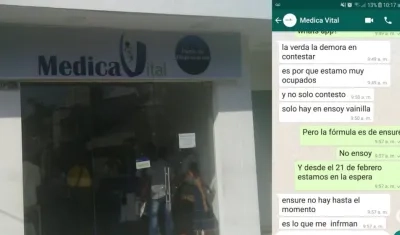 Fachada de la farmacia y chat con la madre del paciente.