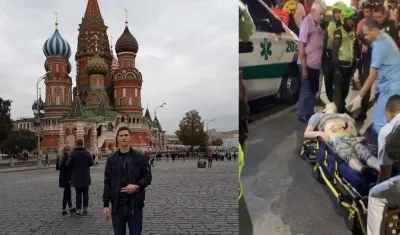 Kamal Ilich Nadjar Vetshev en una visita a Moscú (izquierda). El joven resultó herido por la Policía y llevado a la Clínica Altos de San Vicente (derecha).