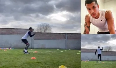 Jeison Murillo se ejercita en el jardín de su casa.