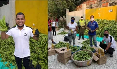 Alexis Castillo, con los guineos verdes que compró y el aceite que donó la Fundación Tecnoglass.