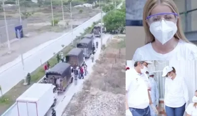 Los camiones en Campo de la Cruz repartiendo los mercados de la Gobernación del Atlántico.