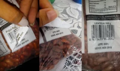 Las bolsas de frijoles con las fechas de vencimiento falsas y abajo, las fechas reales.