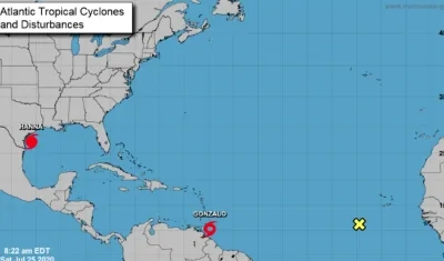 Localización de las tormentas tropicales Hanna en el golfo de México y Gonzalo en el Atlántico.