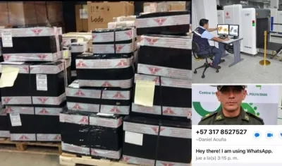 Imágenes de la encomienda y el supuesto policía aduanero.