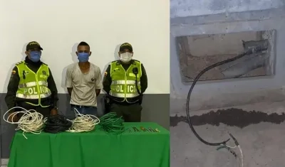 José Rafael Bermúdez García con los cables presuntamente hurtados y foto de la zona del puente de donde habrían sido sustraídos. 