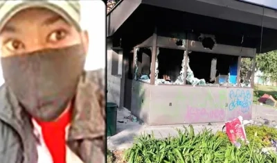 El patrullero imputado y uno de los CAIs destruidos por los vándalos.