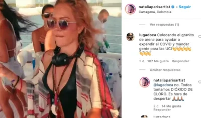Instagram Natalia París en donde se observa el comentario del usuario y su respuesta.