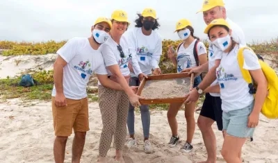 Representantes de la iniciativa de la UE de limpieza de microplásticos usaron grandes tamizadores para cernir la arena en cuadrantes delimitados en la playa.
