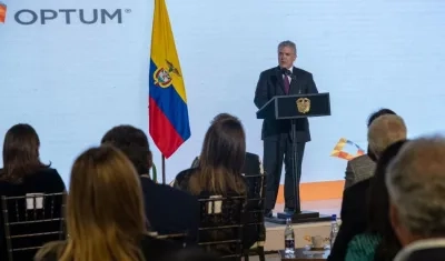 El Presidente Duque en un evento en Bogotá, de Optum Global Solutions.
