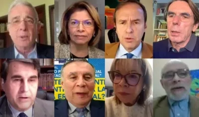 Participantes del diálogo entre ellos Álvaro Uribe, expresidente colombiano, arriba izquierda.