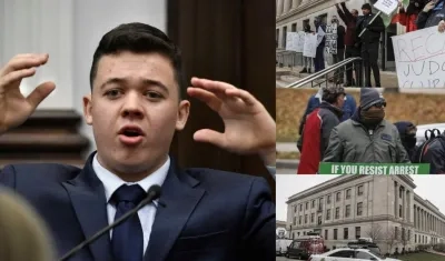 Kyle Rittenhouse durante el juicio. Afuera la gente protesta.