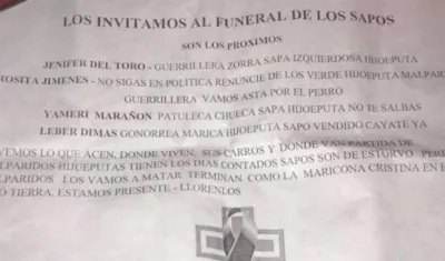 Panfleto en el que amenazan a los líderes sociales. 