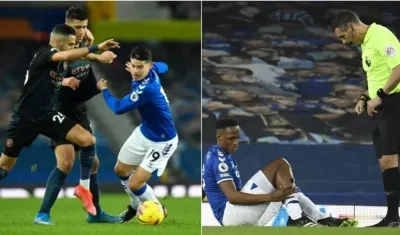 James Rodríguez y Yerri Mina, durante el partido. 