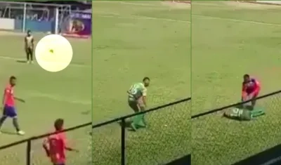 Momento en que lanzan la naranja y Wilfredo Ramos simula que lo agredieron. 