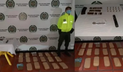 Marihuana prensada y munición encontrada durante el allanamiento. 