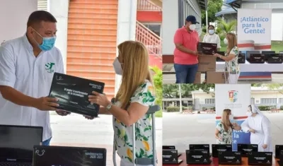 Gobernadora Elsa Noguera entregando los portátiles.