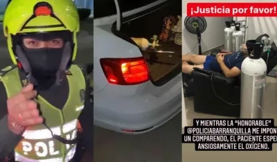 El agente que no entiende de emergencia/ el carro con la bala de oxígeno/ y el paciente a la espera.