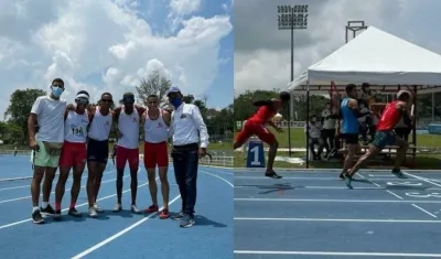 Equipo de 4X400 del Atlántico y Raúl Mena durante la carrera. 