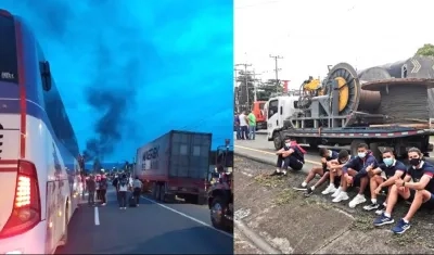 Jugadores de Fortaleza varados en la vía Tuluá - Palmira por los bloqueos.