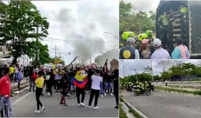 Jóvenes en medio de la protesta y la Policía.