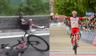 Fernando Gaviria en su caída y Víctor Lefay ganando la etapa. 