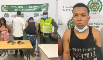 A la izquierda los tres capturados; a la derecha, Edgar Alexander Catalán Martínez (camisilla negra). 