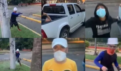 Grupo de vándalos en camioneta intentando tumbar un poste de energía.