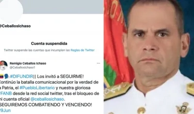  Twitter suspendió la cuenta del comandante estratégico de la Fuerza Armada venezolana, Remigio Ceballos.