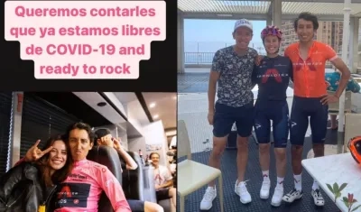 Egan Bernal y su novia María Fernanda posan con Rigoberto Urán. 