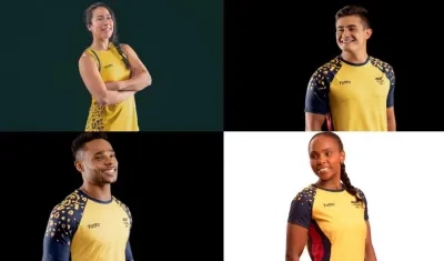 Mariana Pajón, Daniel Restrepo, Francisco Mosquera e Ingirt Valencia modelan el nuevo uniforme. 
