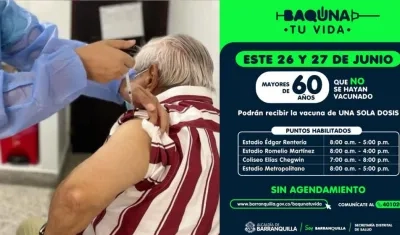 Vacunación de una sola dosis, sábado y domingo en Barranquilla.