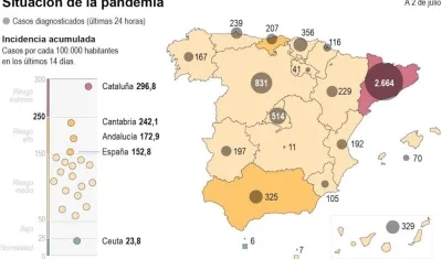 Mapa de casos de Covid-19 en España.