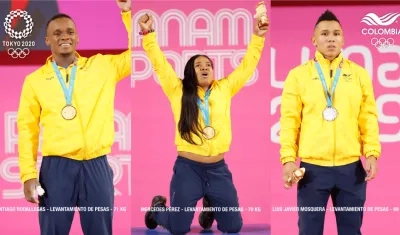 Santiago Rodallegas, Mercedes Pérez, Luis Javier Mosquera, pesistas clasificados. 
