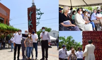 La Gobernadora Elsa Noguera, el alcalde Jaime Pumarejo, el padre Cyrillus, en la inauguración del monumento Fratelli Tutti, en el barrio La Paz. 