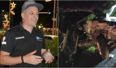 Steffan Hoffman y el estado en que quedó su automóvil tras el accidente. 