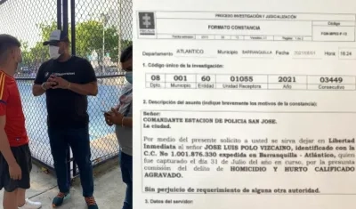 A la izquierda, José Luis Polo (camisa roja) con su abogado Miguel Mercado tras quedar libre; a la derecha, la boleta de libertad emitida por la Fiscalía.