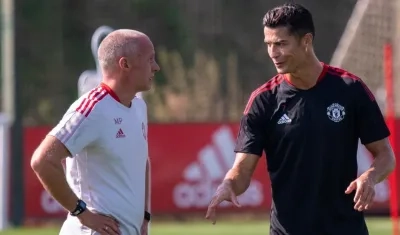 Cristiano Ronaldo en un entrenamiento con el Manchester. 