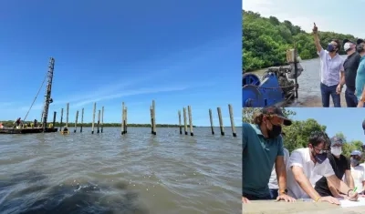 Pilotes en la ciénaga de Mallorquín, obra inspeccionada por el alcalde Jaime Pumarejo.