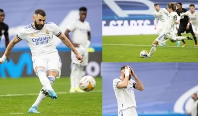 El delantero francés del Real Madrid Karim Benzema, se lamenta tras falla su lanzamiento de penalti.