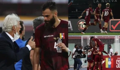 El entrenador de Venezuela, José Pékerman (i) y a la derecha jugadores de Venezuela celebran luego de anotar un gol hoy.