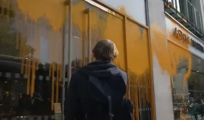 Activista arrojando pintura a los almacenes. 