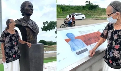 Carmen Mejía Lavalle frente al monumento de su madre en la Ventana de Campeones.