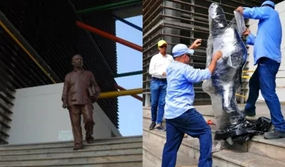 El proceso de embalaje de la escultura de Gabo en el Parque Cultural del Caribe.